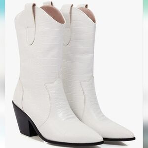NWOT Voklin Western Cowboy Boots White Pointed Toe Mid Calf Heel Size 37 Western